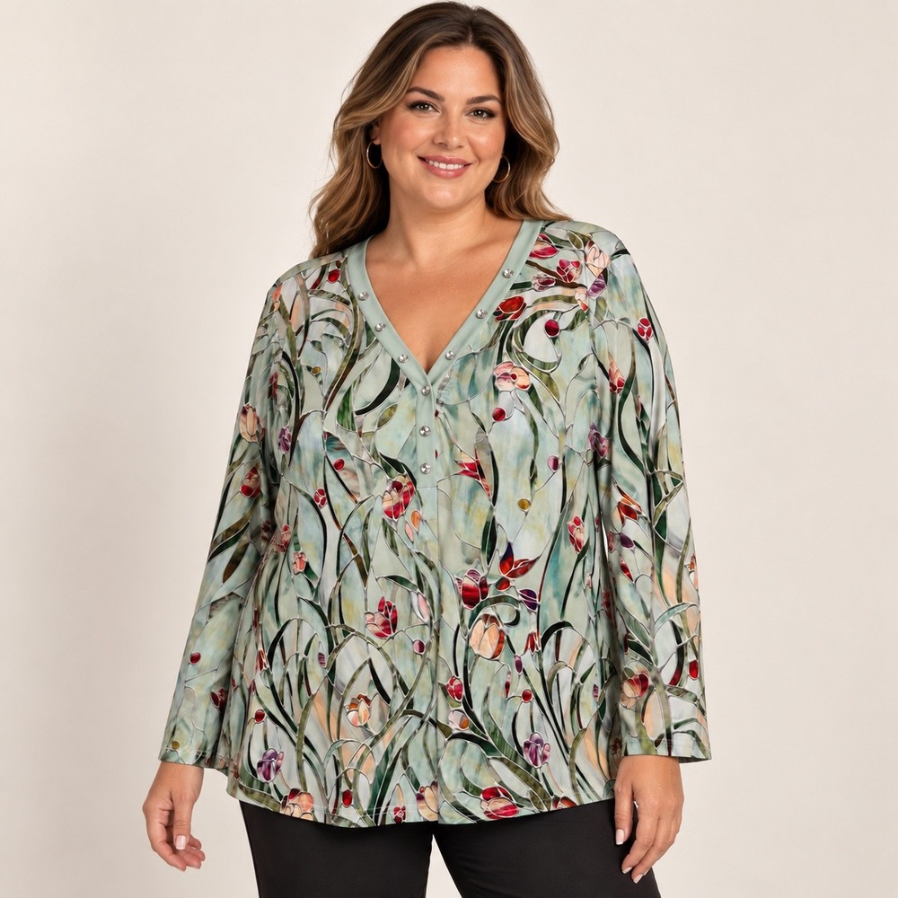 Emery Rose Stained Glass Floral Tunic Blouse 3X Silky V-Neck Art Nouveau Flowy